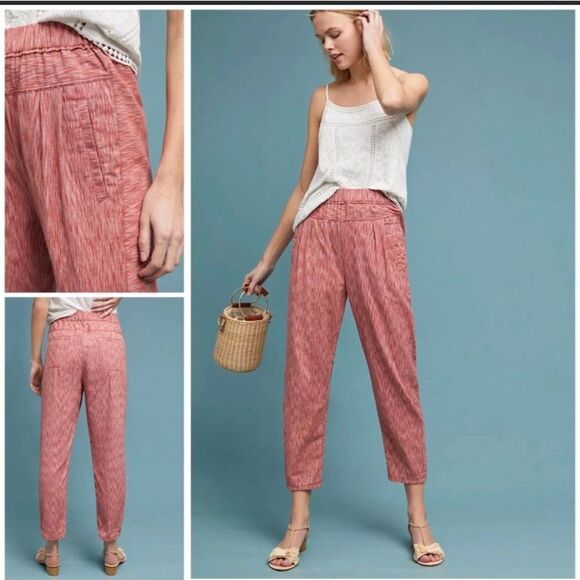 Anthropologie Longshore Ikat cropped cotton heathered red pants - Picture 1 of 5